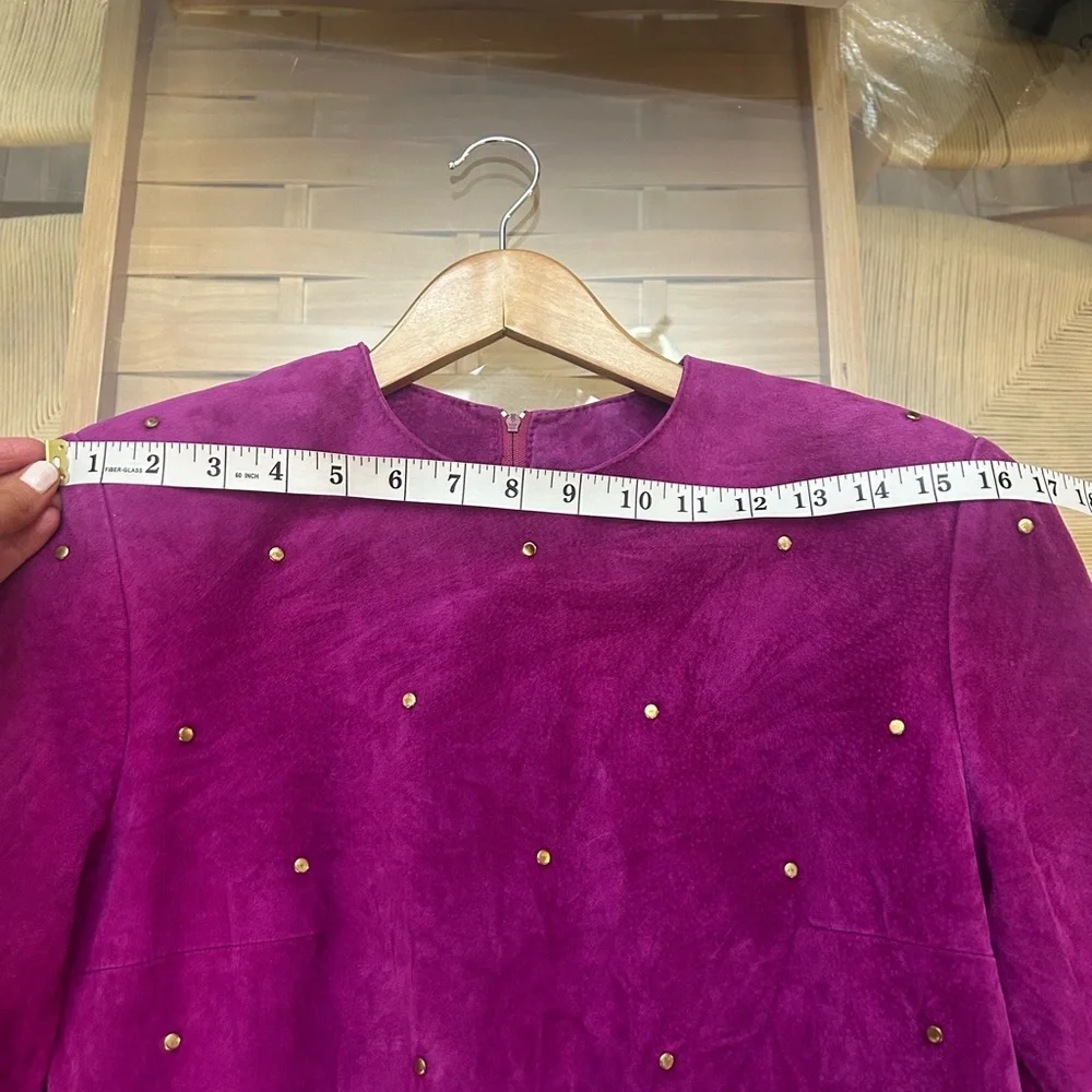 Vintage Daniel Leather Long Sleeve Fuchsia Suede Shift Dress with Stud Detail - Picture 9 of 13